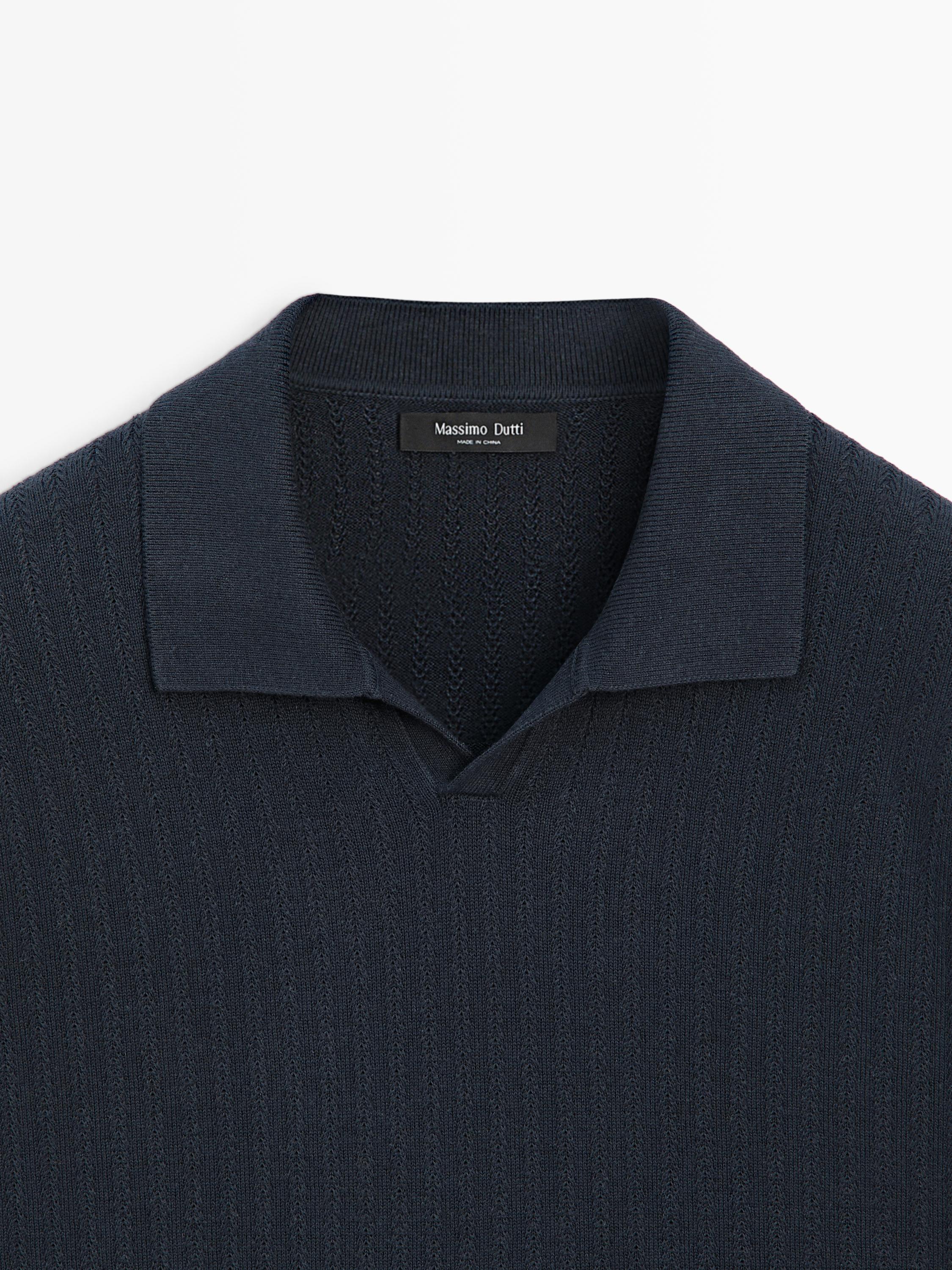 Cotton blend knit V-neck polo sweater